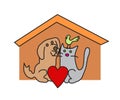 A dog, a cat and a bird bask under the roof. Animal shelter. Vector Royalty Free Stock Photo